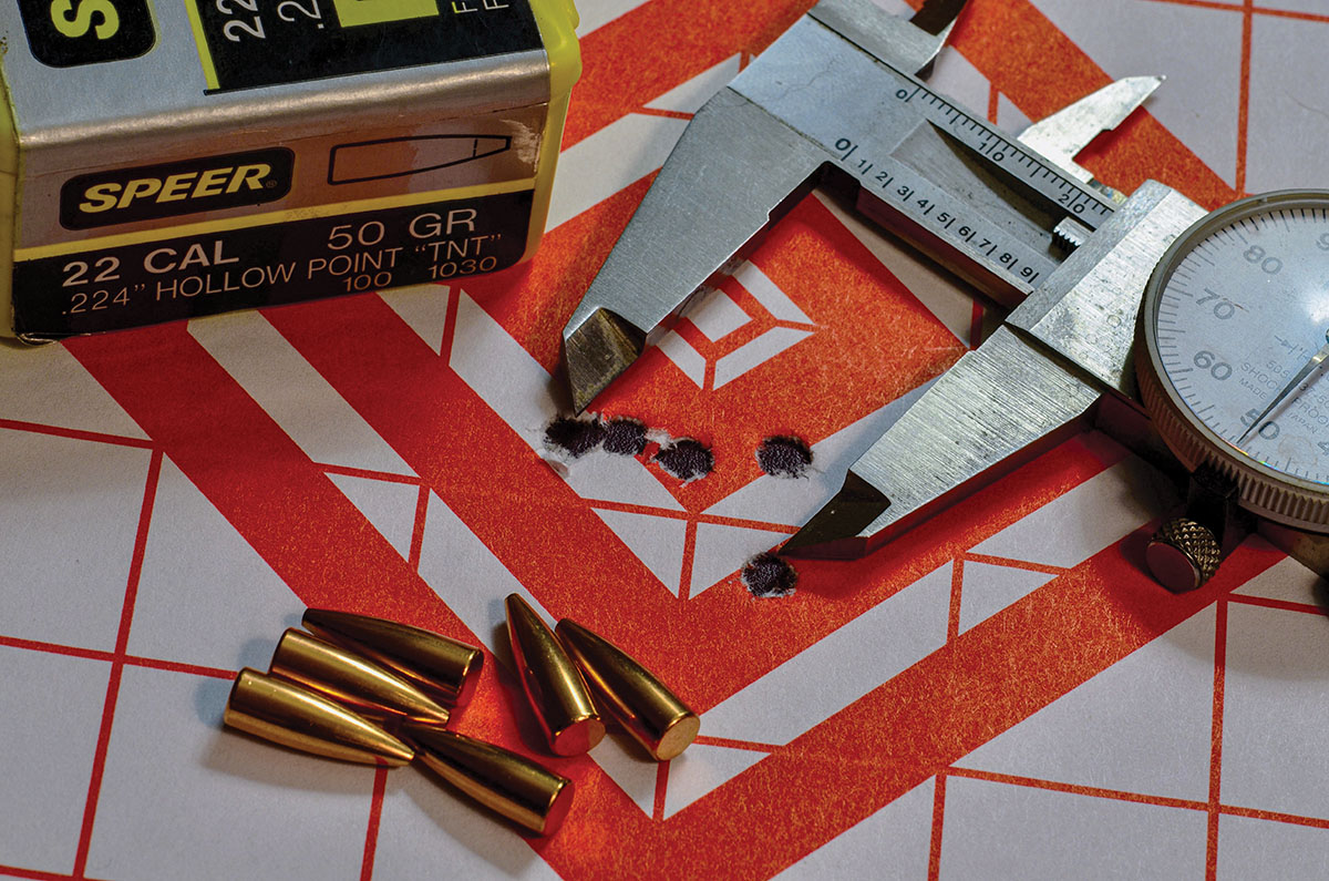 The best group was shot with Speer 50-grain “TBT” HP bullets, with H-4895 powder. This was Jim Carmichel’s favorite “light” load in 1975 and it’s still excellent.